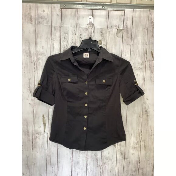 Anne Klein Standard Contrast-Panel Shirt Black Supima Cotton Size 2/M - Picture 1 of 5